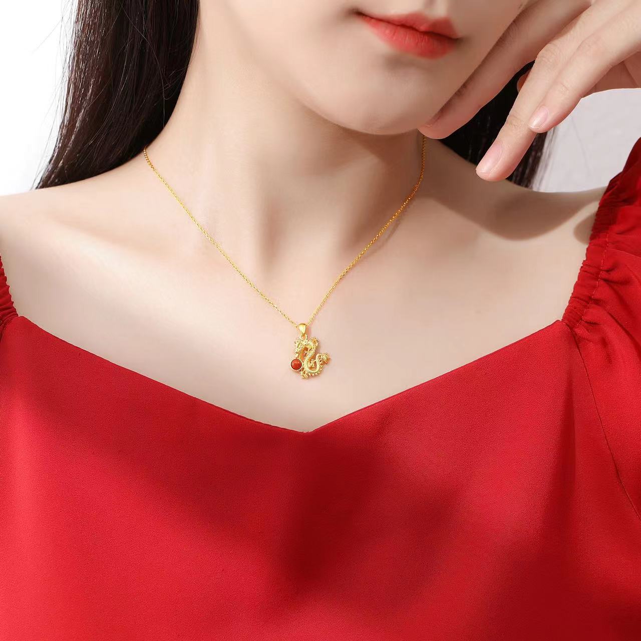 Year Of Dragon Red Agate 925 Silver Gold Plated Necklace - Auspiciousness And Prosperity