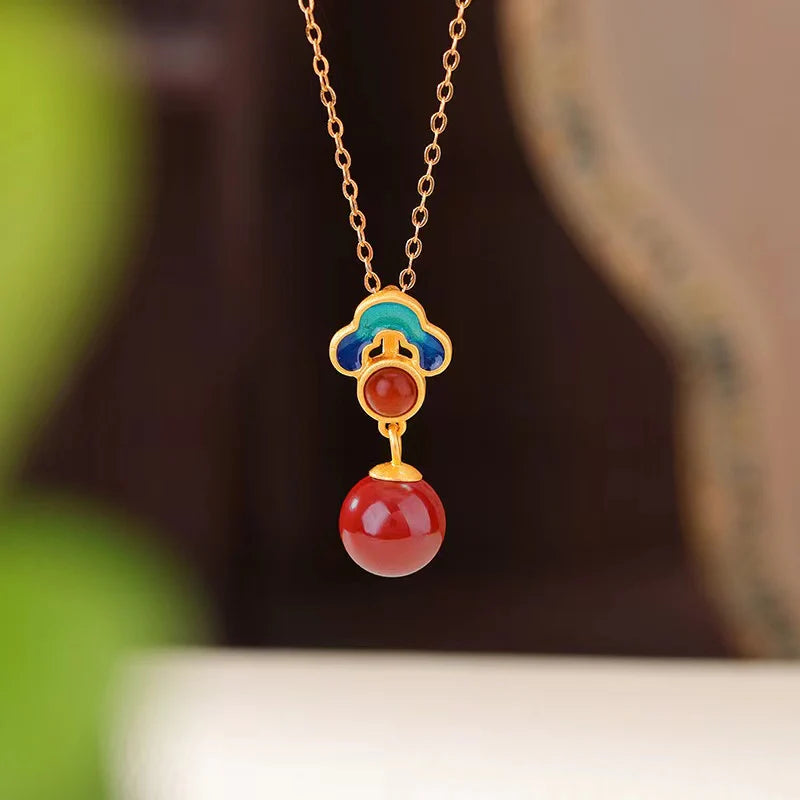 Auspicious Clouds Red Agate Round Bead Pendant S925 Sterling Silver Gold Plated Necklace - Wish And Lucky