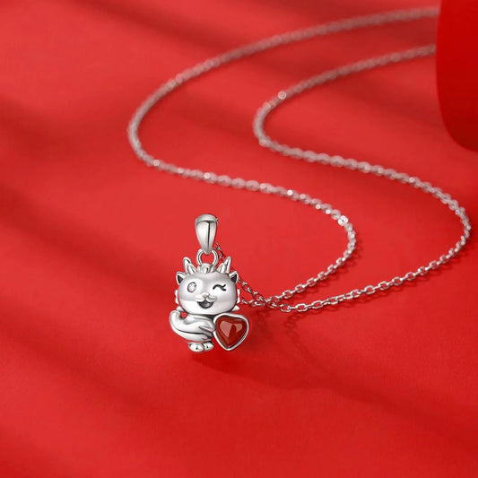 925 Silver Cute Zodiac Dragon Red Agate Love Heart Pendant Necklace - Prosperity And Fortune