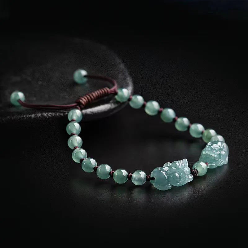 Double Pixiu Wealth Bracelet - Natural Ice Jade