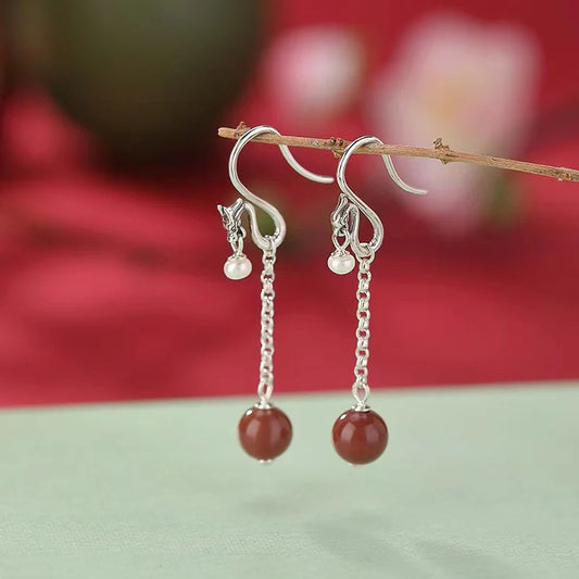 Auspiciousness Dragon And Phoenix Pearl 925 Silver Red Agate Earrings - Fortune and Prosperity