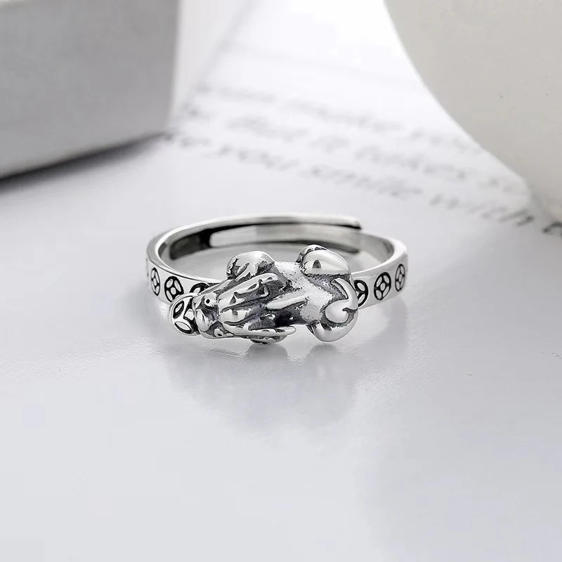 Wealth Coin Pixiu Handmade Carved Silver Ring - Attract Luck