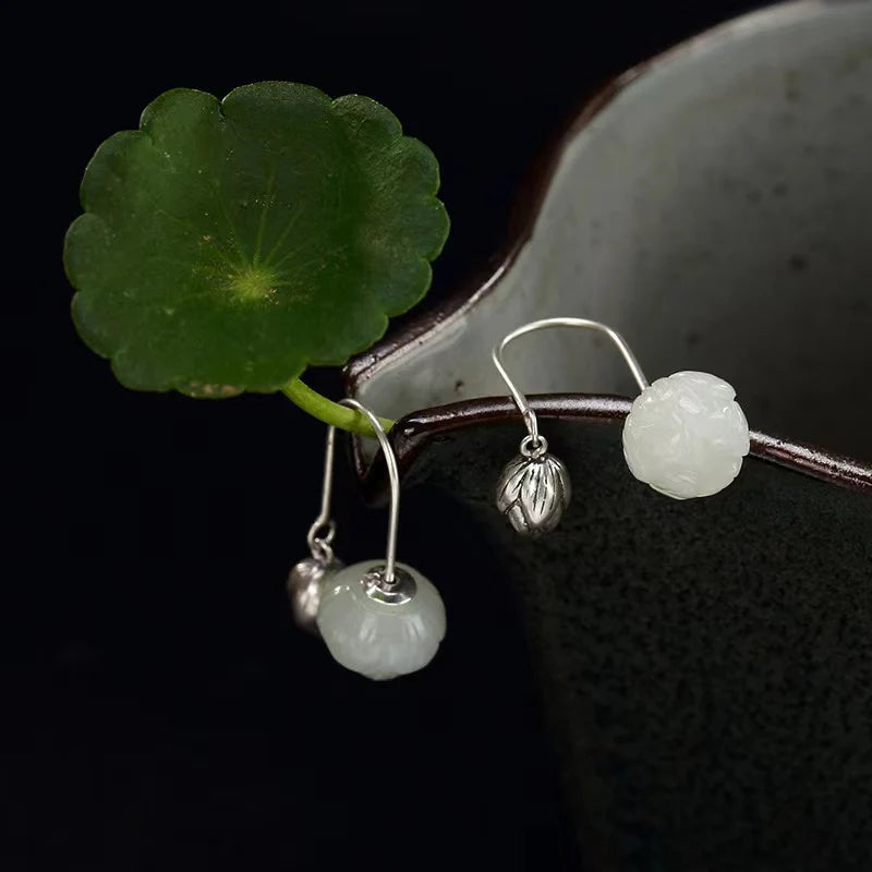 White Jade Lotus 925 Silver Earrings - Tranquility And Peace