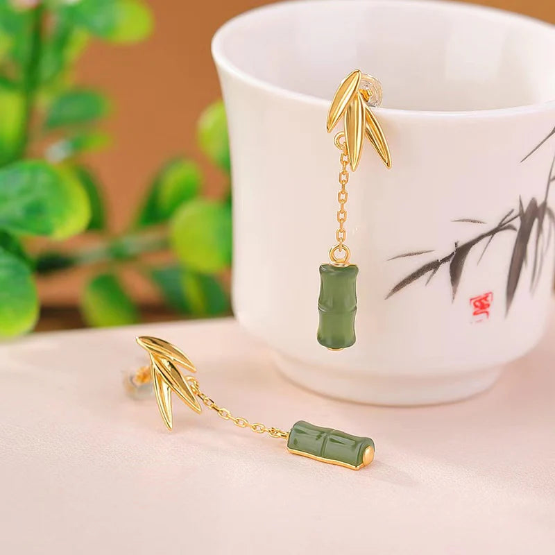 Green Bamboo Nephrite Drop 925 Silver Earrings - Prosperity Luck