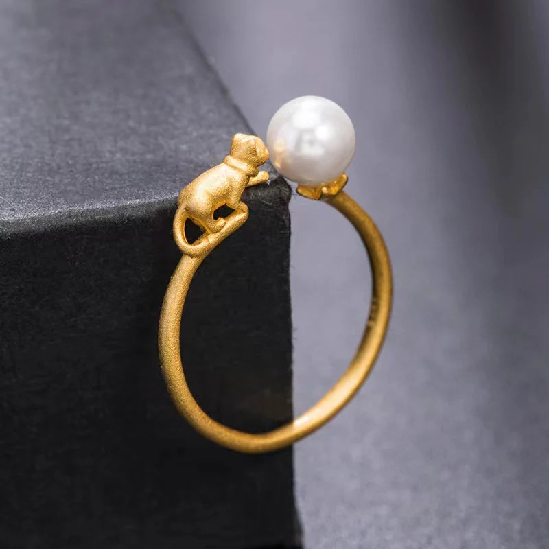 Original Design Gold Cat Pearl Silver Ring - Good Luck and Prosperity