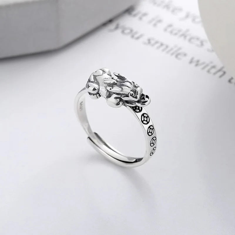 Wealth Coin Pixiu Handmade Carved Silver Ring - Attract Luck