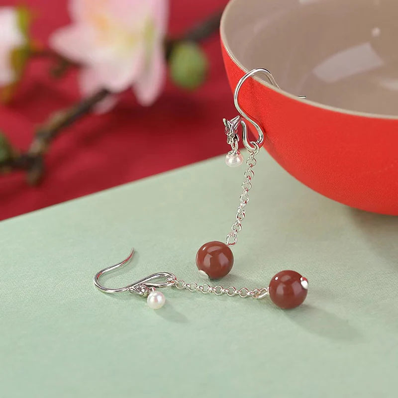 Auspiciousness Dragon And Phoenix Pearl 925 Silver Red Agate Earrings - Fortune and Prosperity