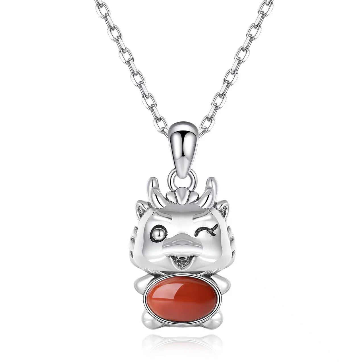 Cute Zodiac Dragon Red Agate 925 Silver Necklace - Prosperity And Lucky