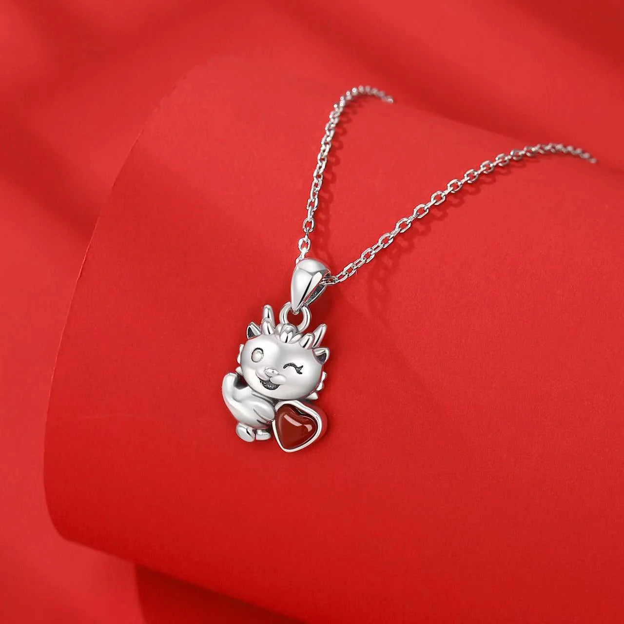 925 Silver Cute Zodiac Dragon Red Agate Love Heart Pendant Necklace - Prosperity And Fortune