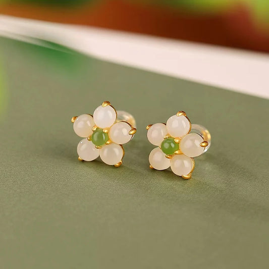 Flower Ruyi 925 Silver White Jade Earrings - Hope And Faith