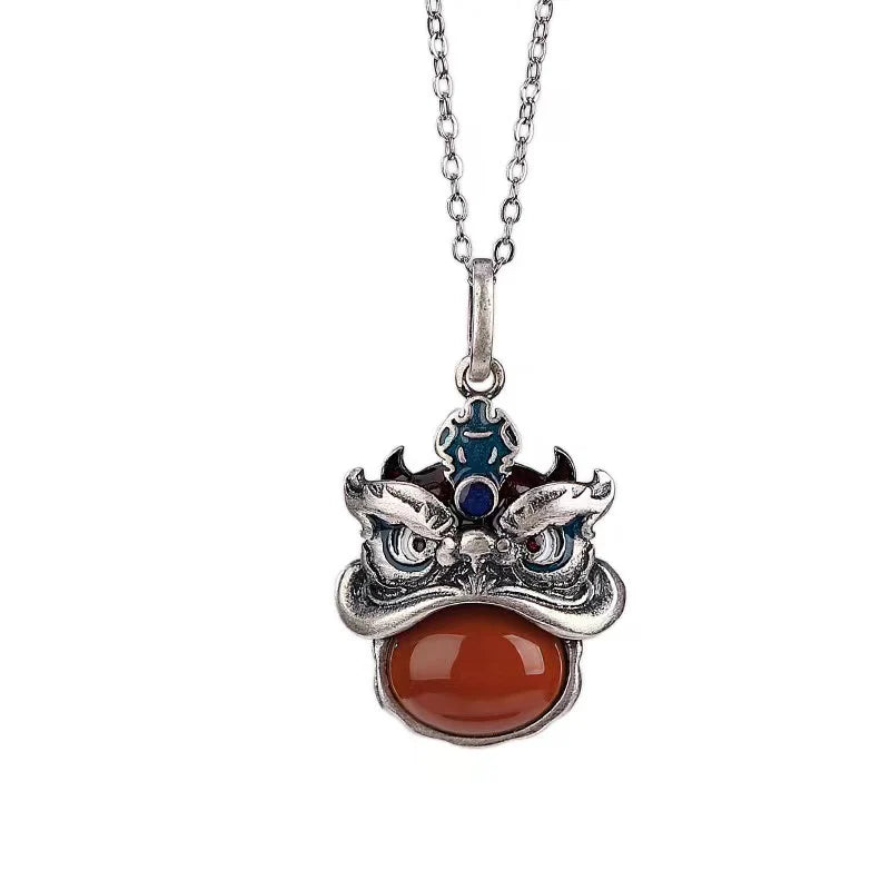 Dancing Lion Red Agate Vintage 925 Silver Necklace - Blessings And Prosperity