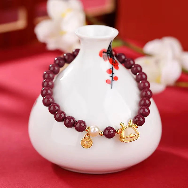 Wealth Dragon Jade Bracelet - Cinnabar Beads