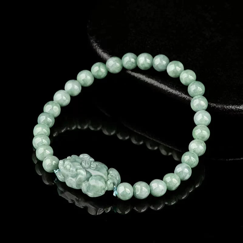 Natural Jade Feng Shui Pixiu Bracelet with Round Beads - Ancient Wisdom