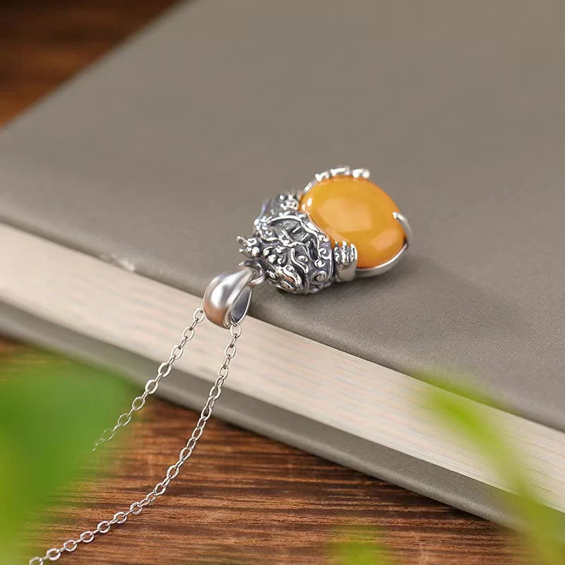 Taotie Yellow Agate 925 Silver Vintage Necklace - Defence And Balance