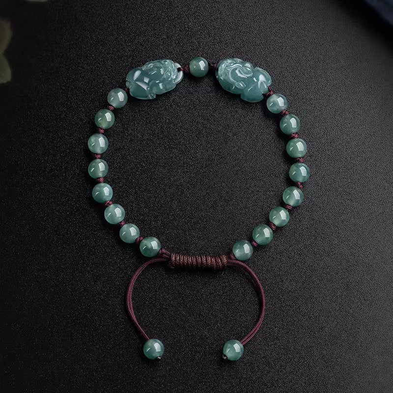 Double Pixiu Wealth Bracelet - Natural Ice Jade