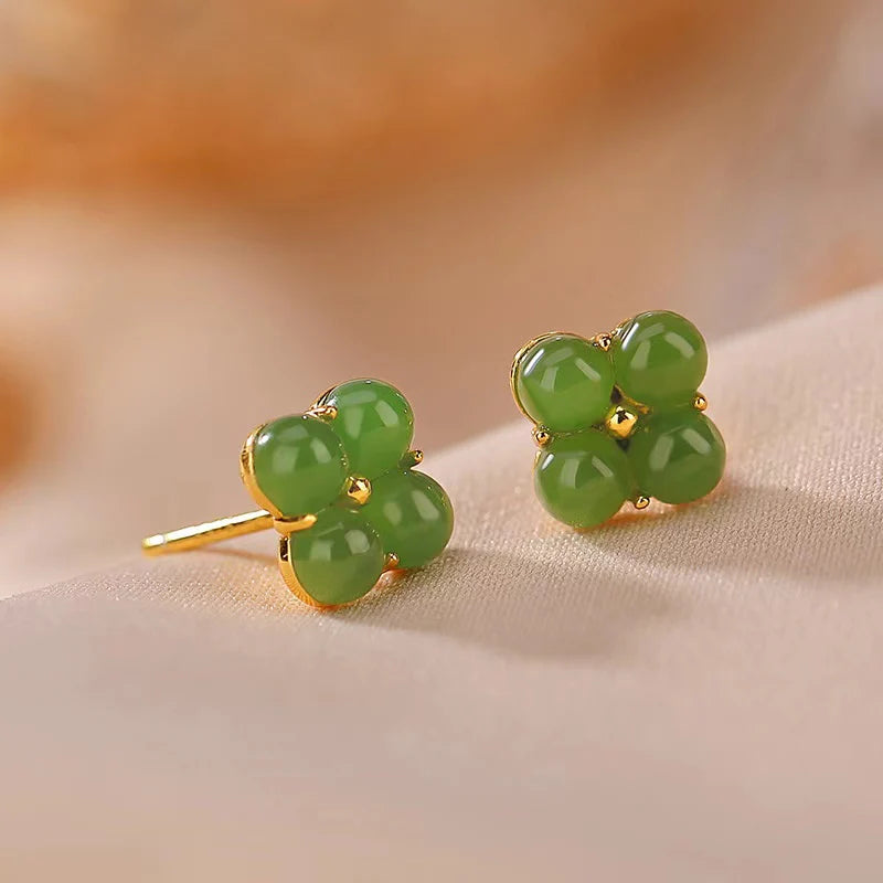 Lucky Four Leaf Clover 925 Silver Natural Jade Earrings - Luck And Hope