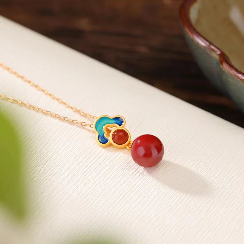 Auspicious Clouds Red Agate Round Bead Pendant S925 Sterling Silver Gold Plated Necklace - Wish And Lucky