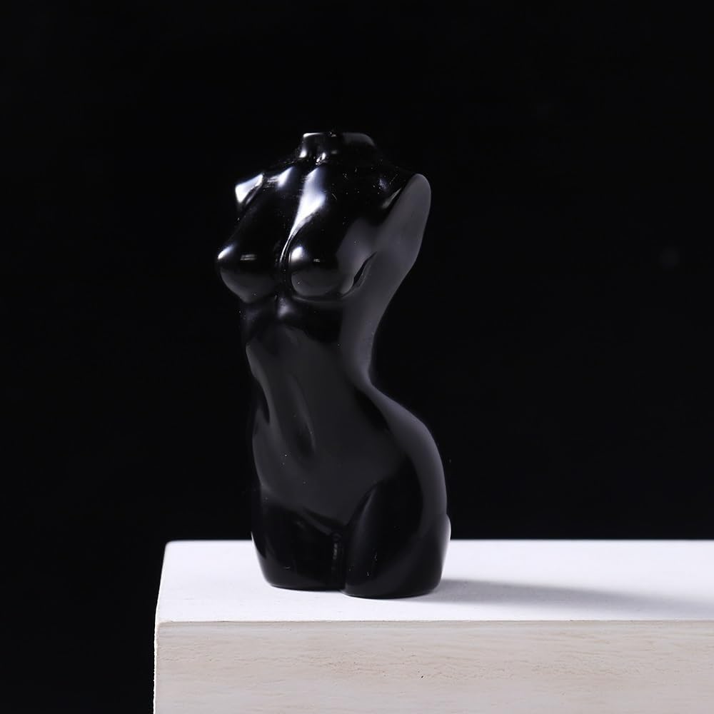 Hand Carved 3" Healing Natural Crystal Crafts Rose Quarzt Female Body Sculpture Statue, Trunk Obsidian Woman Naked Model Gem Ornament