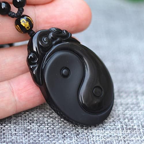 YingYang Taiji Gossip Natural Black Obsidian Stone Necklace, Feng Shui Amulet Pendant for Men Women