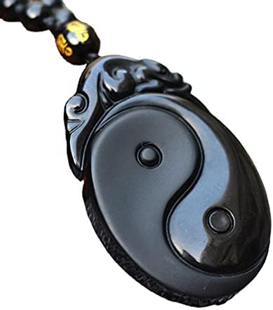 YingYang Taiji Gossip Natural Black Obsidian Stone Necklace, Feng Shui Amulet Pendant for Men Women