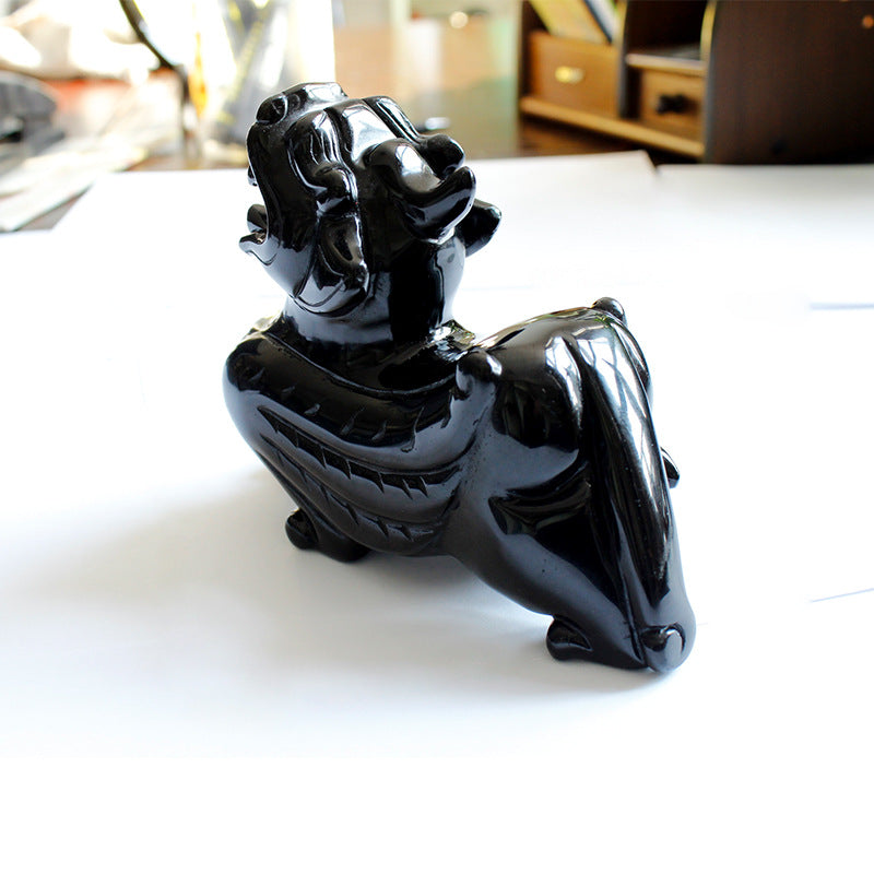 Black Obsidian Feng Shui Wealth Porsperity Pi Xiu/Pi Yao Statue, Obsidian Pixiu Divine Beast Ornament Figurine, Brave Home Decoration