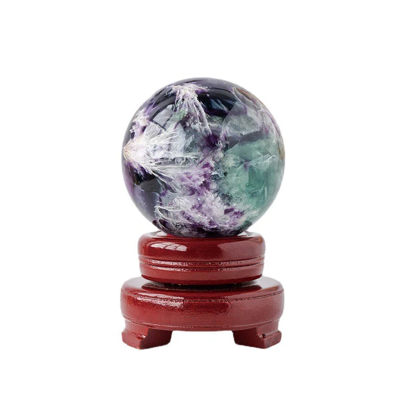 Natural Feather Fluorite Crystal Decorative Ball, Stone Polished Round Healing Crystals with Wooden Stand Meditation Living Room Home Decor