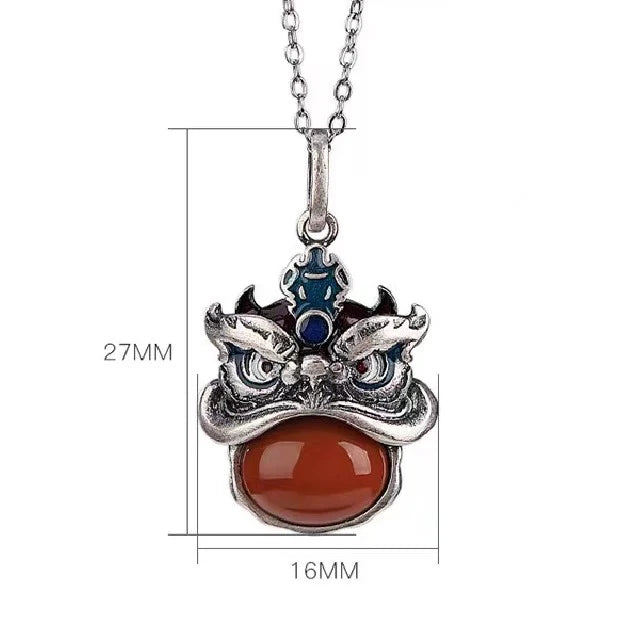 Dancing Lion Red Agate Vintage 925 Silver Necklace - Blessings And Prosperity