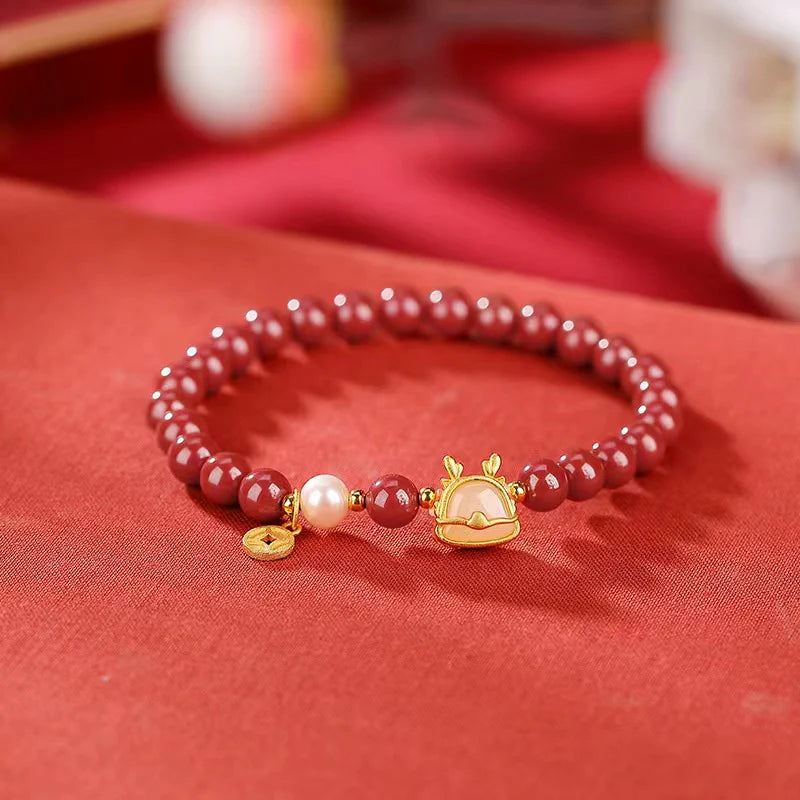 Wealth Dragon Jade Bracelet - Cinnabar Beads