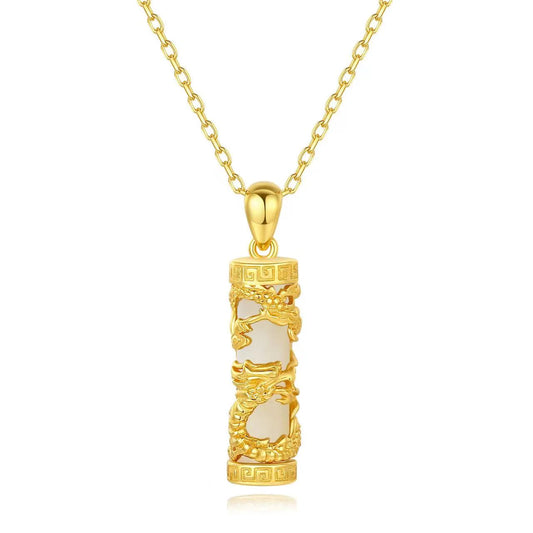 925 Silver Gold-plated Dragon Totem And Hetian Jade Pillar Pendant Necklace - Auspicious And Fortune