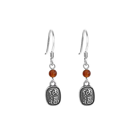 Fu (福) Red Agate 999 Silver Earrings - Peace and Lucky