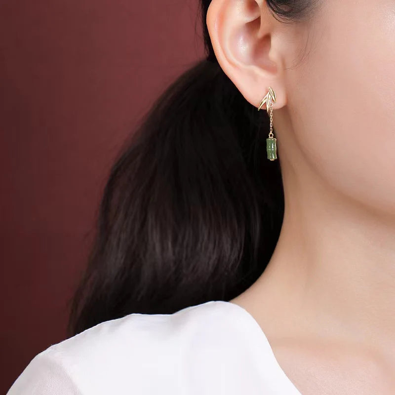 Green Bamboo Nephrite Drop 925 Silver Earrings - Prosperity Luck