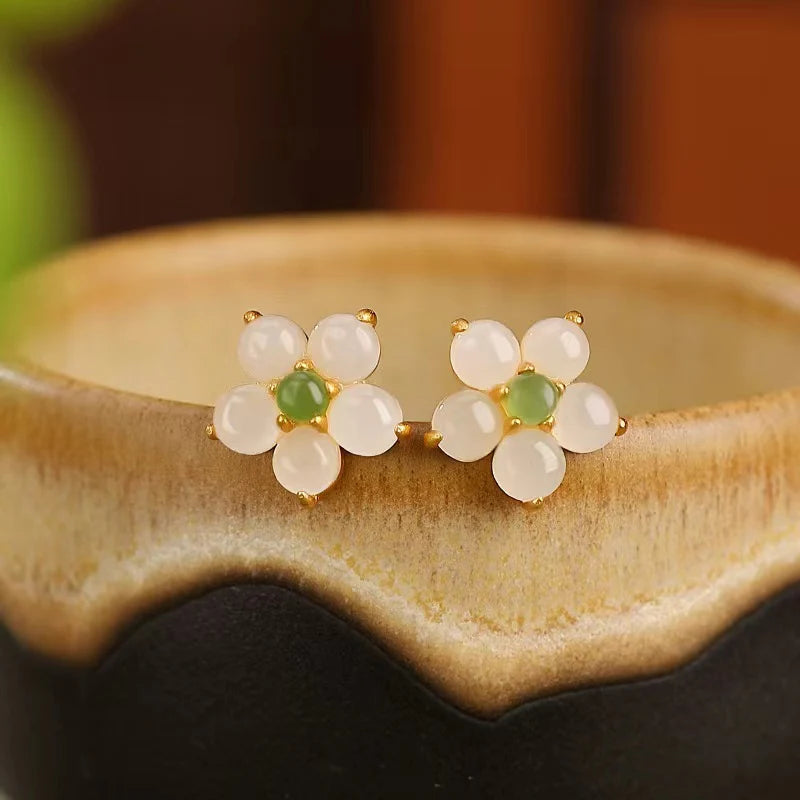 Flower Ruyi 925 Silver White Jade Earrings - Hope And Faith