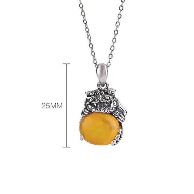 Taotie Yellow Agate 925 Silver Vintage Necklace - Defence And Balance