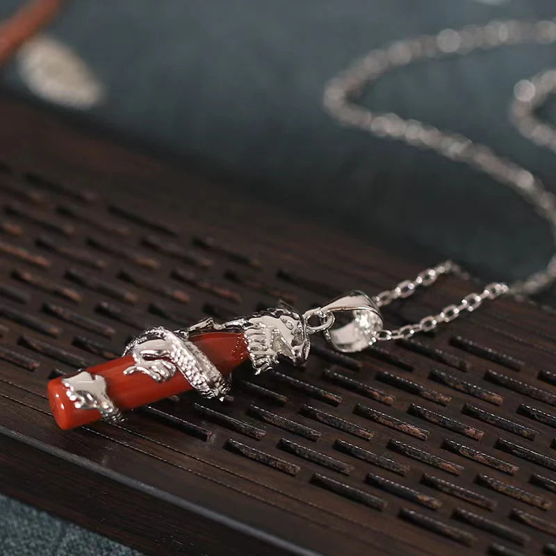 925 Silver Zodiac Dragon Red Agate Cylindrical Pendant Necklace - Auspiciousness And Prosperity