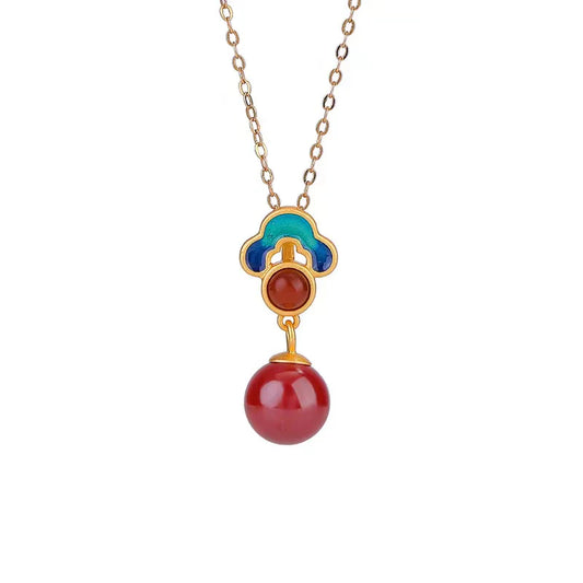 Auspicious Clouds Red Agate Round Bead Pendant S925 Sterling Silver Gold Plated Necklace - Wish And Lucky