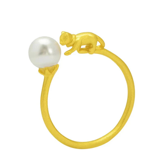 Original Design Gold Cat Pearl Silver Ring - Good Luck and Prosperity