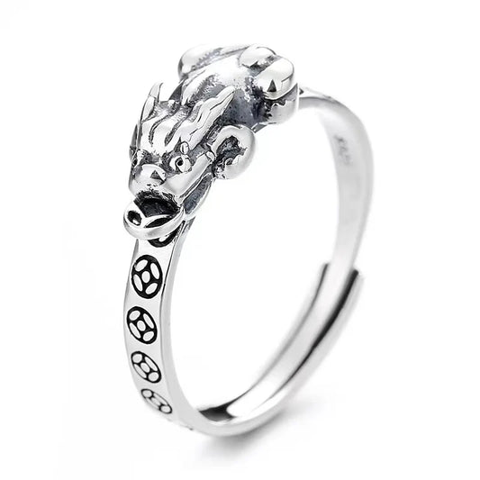 Wealth Coin Pixiu Handmade Carved Silver Ring - Attract Luck