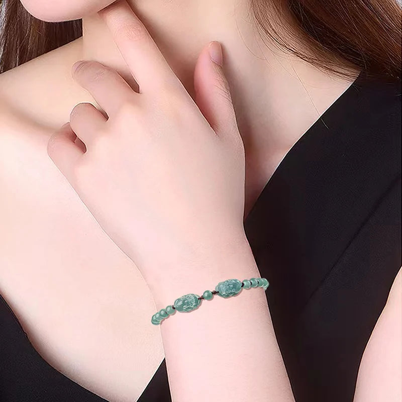 Double Pixiu Wealth Bracelet - Natural Ice Jade