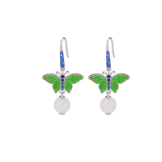 HeTian Jade Cloisonne Butterfly 925 Silver Earrings - Harmony And Peace