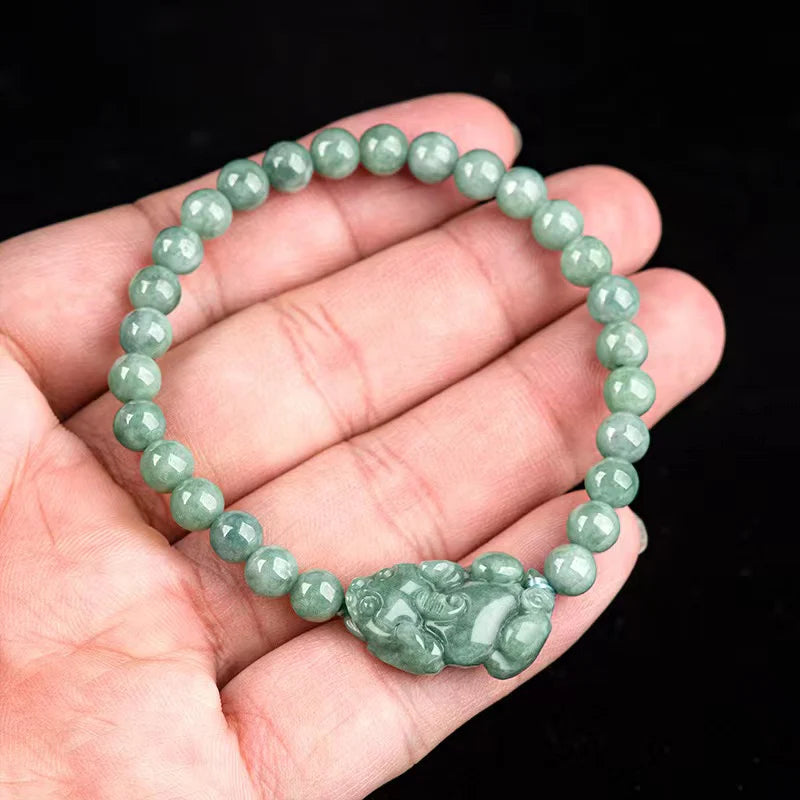 Natural Jade Feng Shui Pixiu Bracelet with Round Beads - Ancient Wisdom