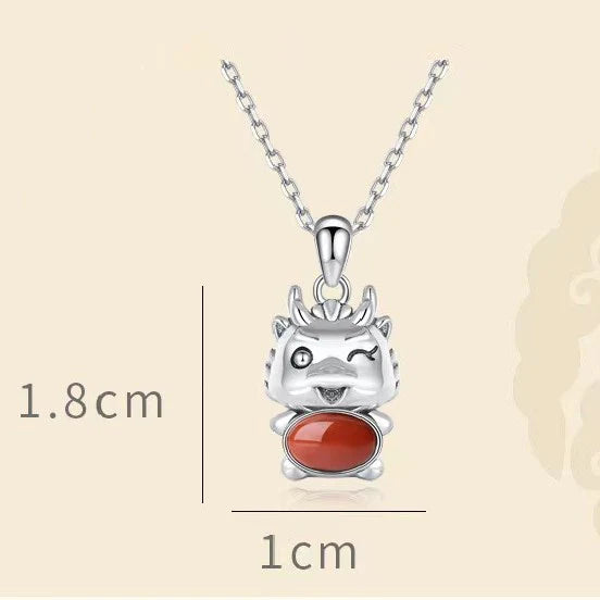 Cute Zodiac Dragon Red Agate 925 Silver Necklace - Prosperity And Lucky