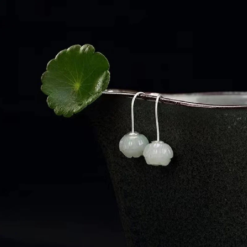 White Jade Lotus 925 Silver Earrings - Tranquility And Peace