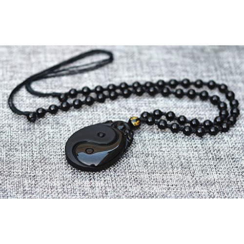 YingYang Taiji Gossip Natural Black Obsidian Stone Necklace, Feng Shui Amulet Pendant for Men Women