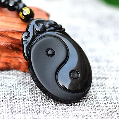 YingYang Taiji Gossip Natural Black Obsidian Stone Necklace, Feng Shui Amulet Pendant for Men Women