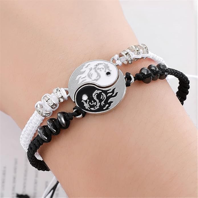 Tai Chi Yin Yang Bracelet Necklace Set for Couples, Feng Shui Lucky Jewelry, Matching Geometric Round Disc Yin Yang Charm Bracelets Necklaces for Men Women