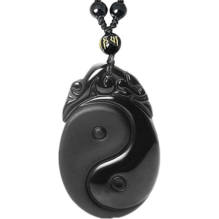 YingYang Taiji Gossip Natural Black Obsidian Stone Necklace, Feng Shui Amulet Pendant for Men Women