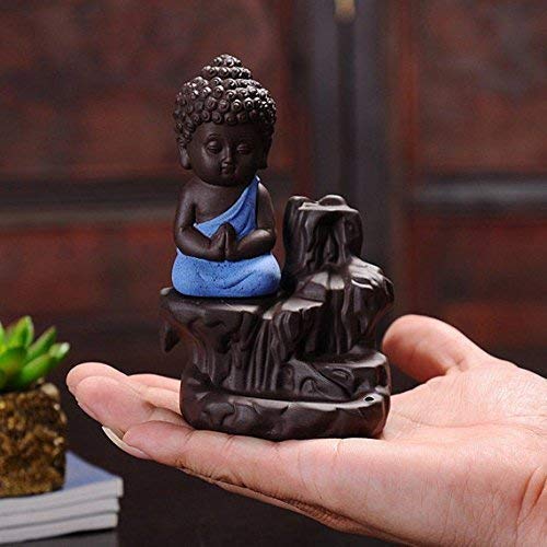 Microfiber Meditating Monk Buddha Smoke Backflow Cone Incense Holder with 10 Scented Cone, Monk Buddha Idol Statues for Home Decor Items Mandir Decorative