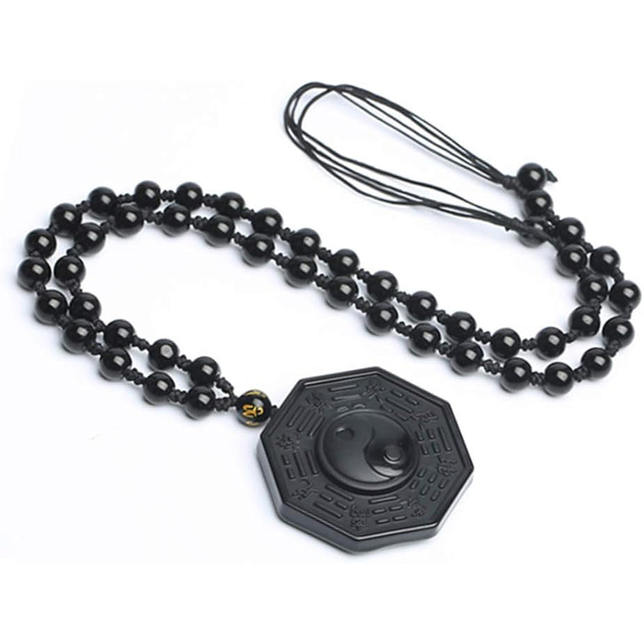 Natural Obsidian Yin Yang Pendant Necklace Lucky Amulet, Protection Pendant with Adjustable Bead Chain