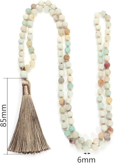 6mm Natural Amazonite Stone Long Beaded Necklace - 108 Hand Knotted Mara Beaded Fringe Long Tassel Boho Necklace with Tree of Life Pendant, Natural Gemstones Meditation Yoga Prayer Jewelry