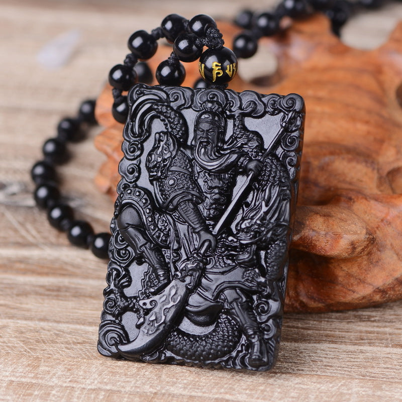 Natural Obsidian Dragon Guan Gong guan yu Necklace, Lucky Amulet Protection Pendant with Adjustable Bead Chain Black Crystal Talisman Spiritual Jewelry Gift